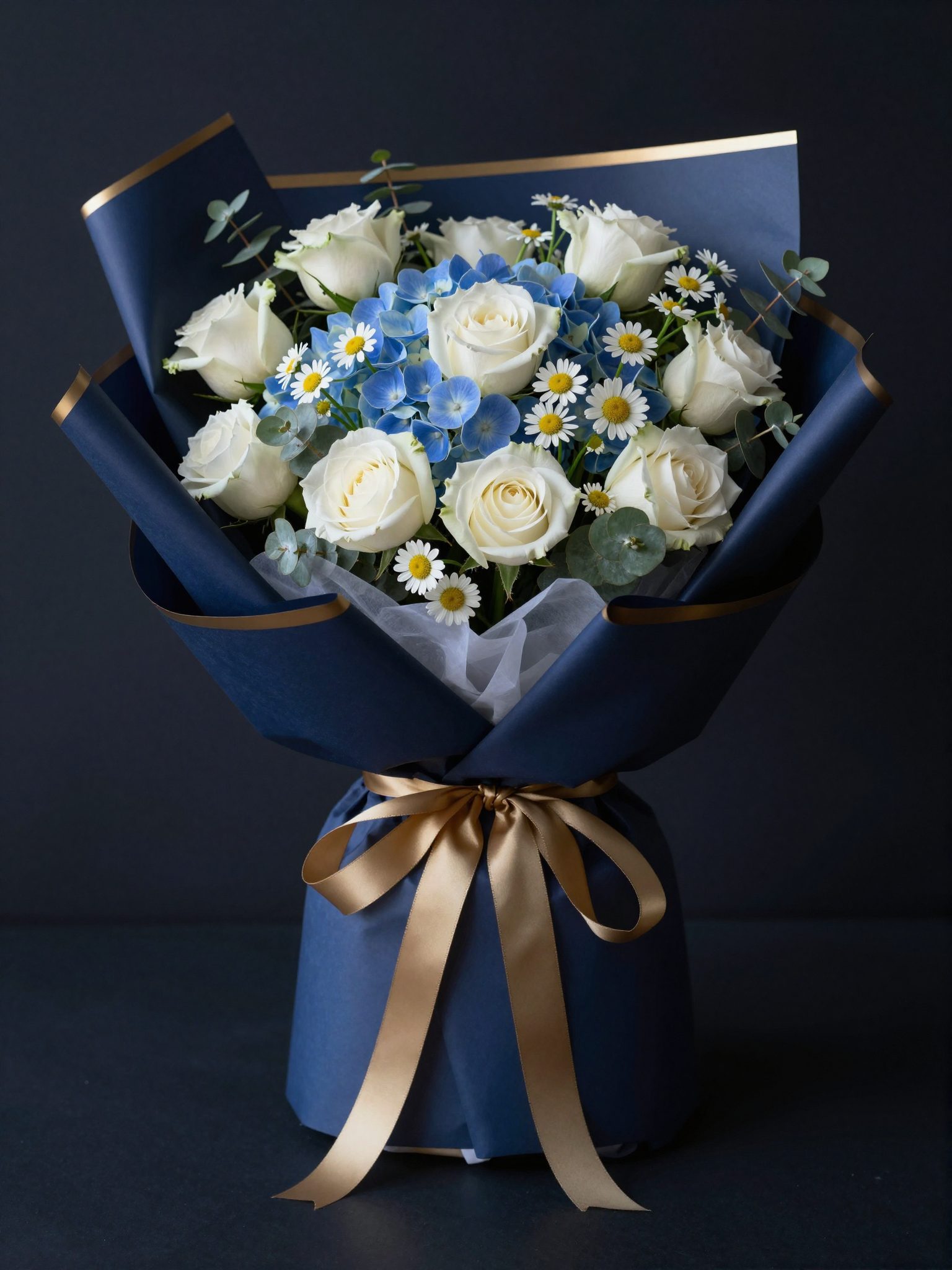 Bouquet Las Flores di rose bianche e ortensie blu in carta navy con nastro oro