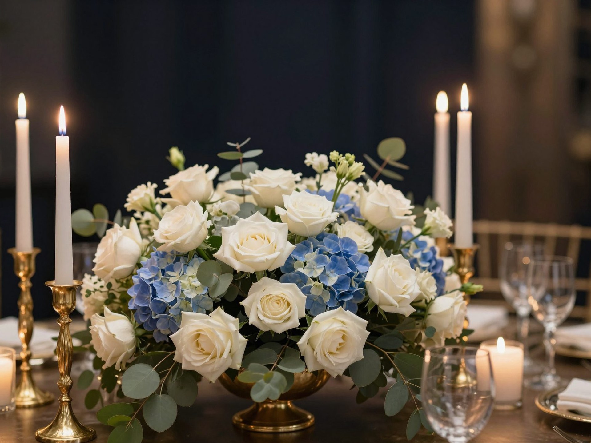 Centrotavola di matrimonio con rose bianche, ortensie blu e candele dorate